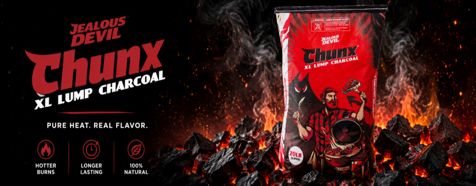 Jealous Devil Chunx XL Lump Charcoal packaging with fiery background